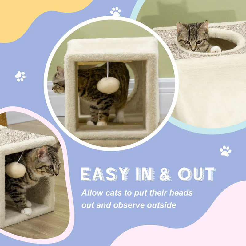 PawHut Cat Tunnel, Plush Large Play Tunnel with Two Caves and Hanging Ball, Cream White
