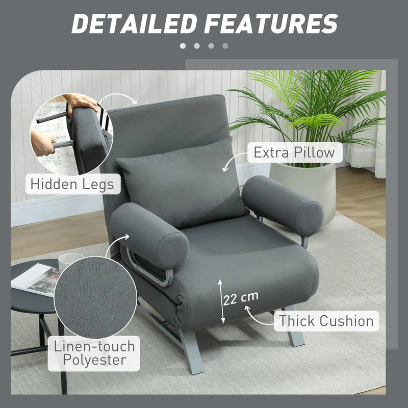 HOMCOM Single Sofa Bed, 3-in-1 Convertible Folding Chair Bed with Adjustable Backrest, Removable Armrests, Dark Grey