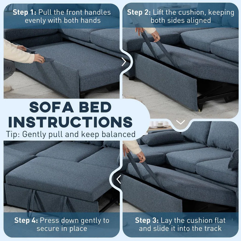 HOMCOM Corner Sofa Bed, L Shaped Sleeper Sectional Sofa with Reversible Storage Chaise, Blue