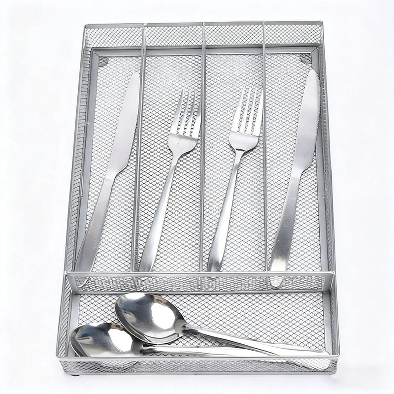 Kitchen Cutlery Drawer Organizer Carbon Steel Flatware Storage Divider with Anti Slip Foam Pads for Spoons Forks Stationery Silver