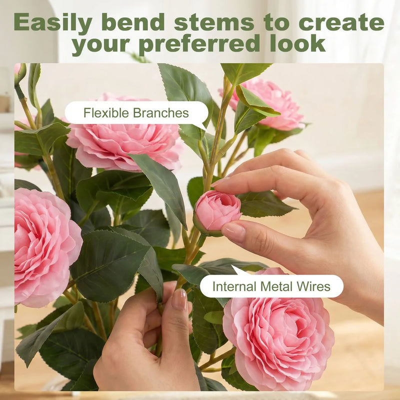 HOMCOM 65cm Artificial Camellia Flower Plant in Pot with 116 Lush Leaves & Moss Effect, Pink