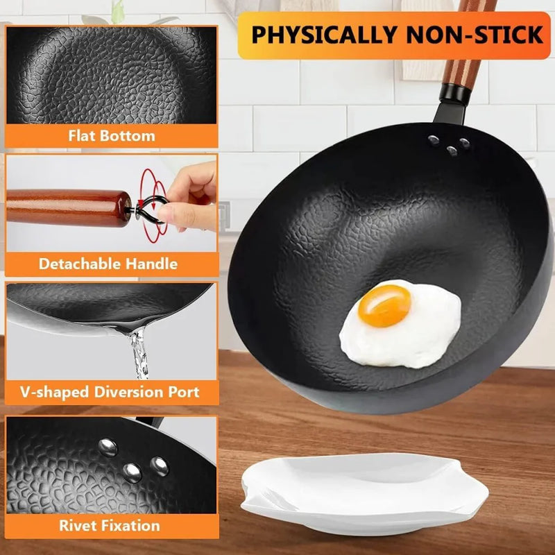32CM Household Pure Iron Wok Non Coated Cast Iron Pan for Gas Induction Cookers