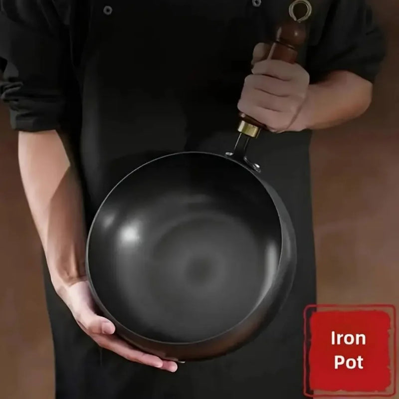 28CM Cast Iron Pot Cooking Wok Wooden Lid Handle Anti-Splatter Pan Soup Stock Pot