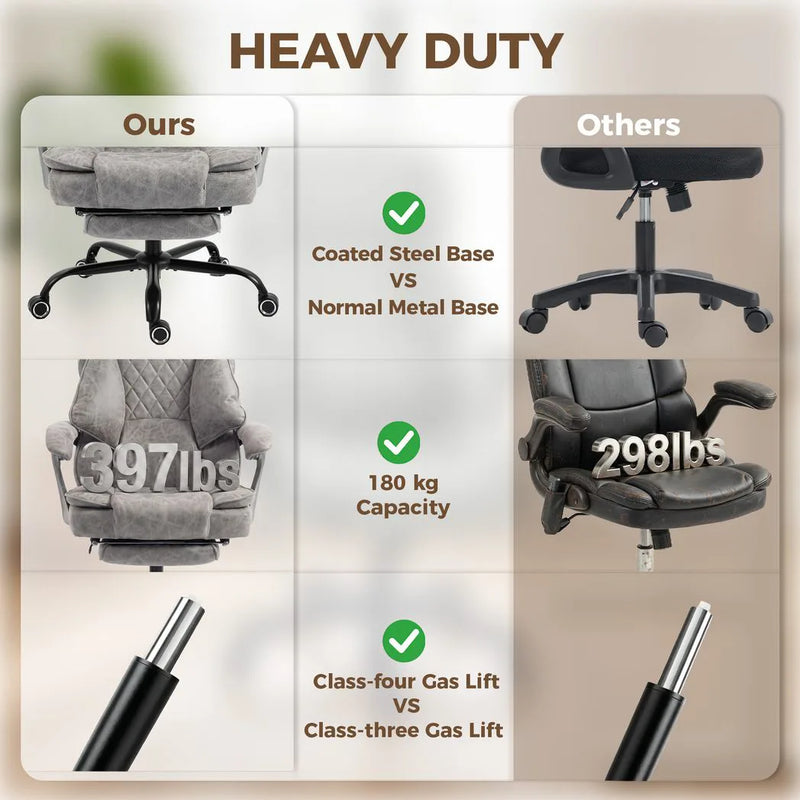 HOMCOM Executive Office Chair, Leathaire Big and Tall Office Chair 180 kg with Wide Seat, Reclining, Lumbar Support, Grey
