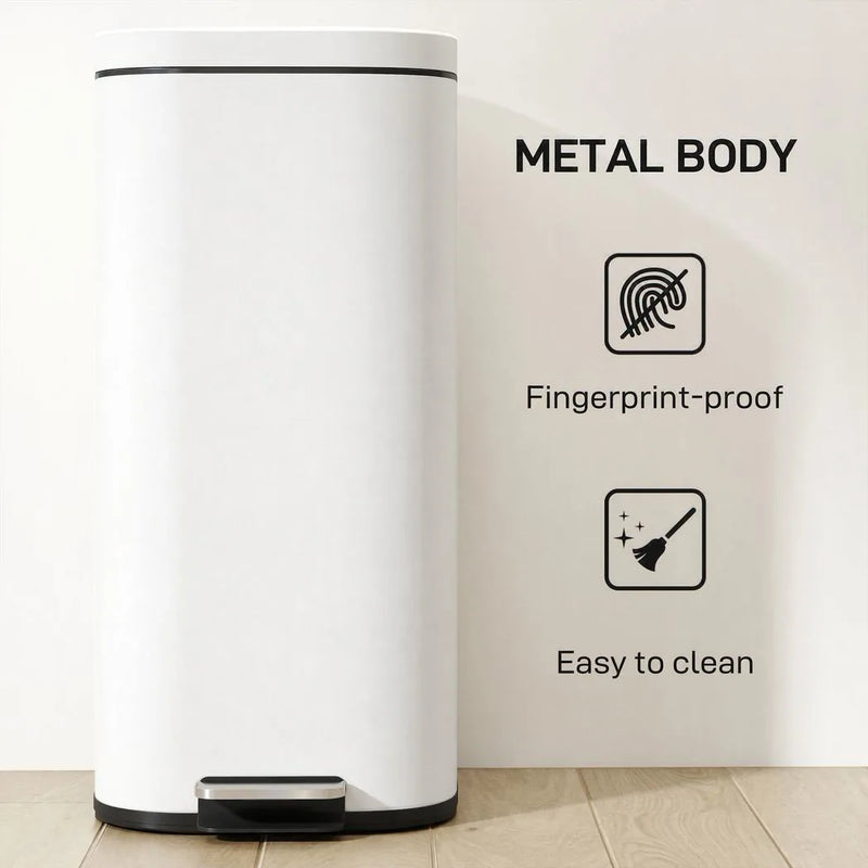 HOMCOM 30L Kitchen Bin, Compact Pedal Bin with Soft-Close and Stay-Open Lid, Removable Bucket for Kitchen, Home, Office, Cream