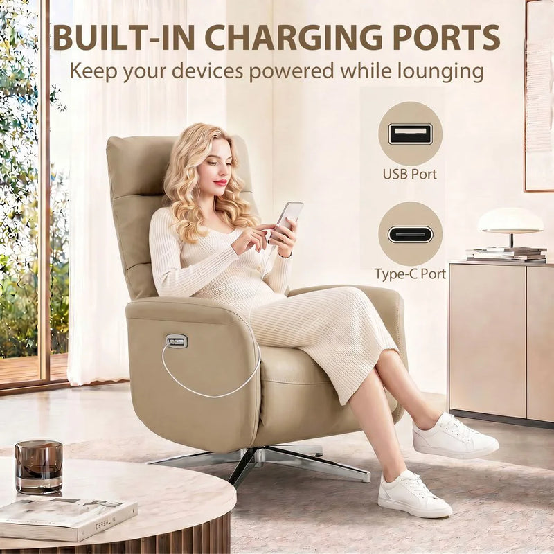 HOMCOM Power Recliner Chair, Swivel Electric Reclining Chair with Type C?, Recliner Armchair with Footrest, Brown