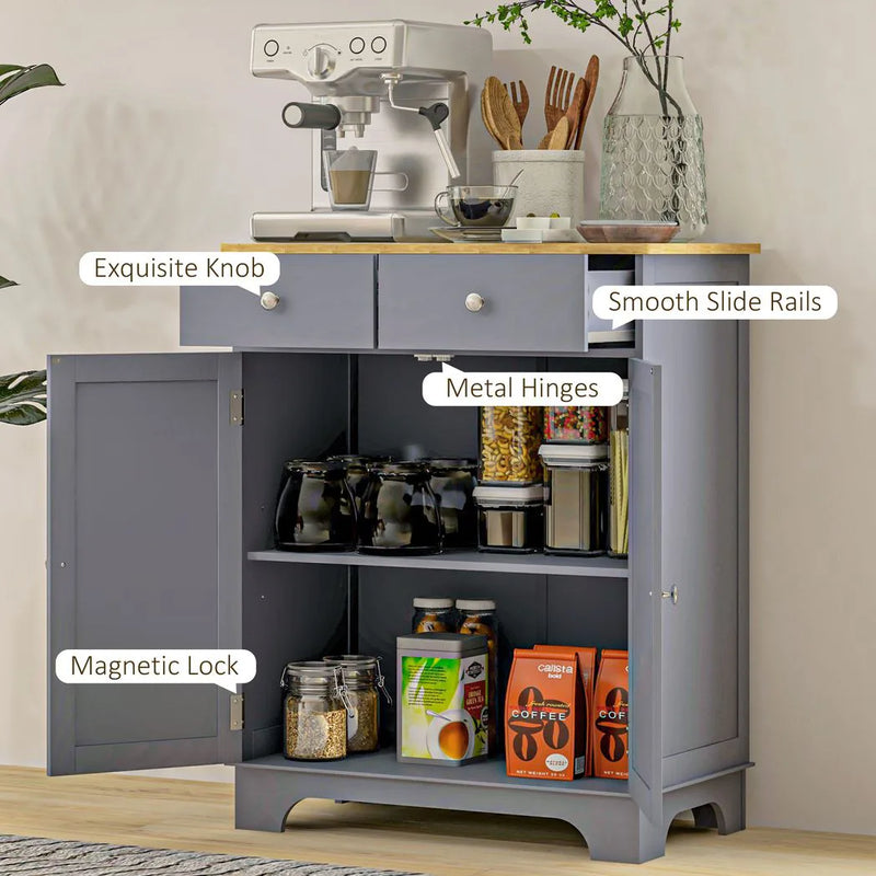 HOMCOM Side Storage Multi-use Sideboard Table Kitchen Floor Cabinet with Solid Wood Top, Adjustable Shelf, Drawer, Grey