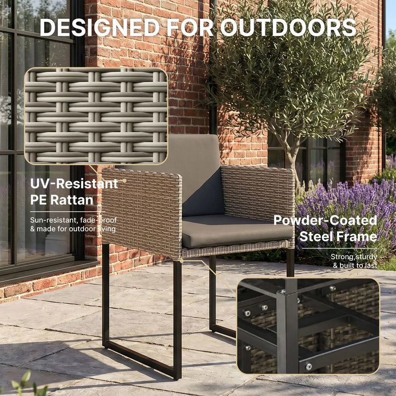 Outsunny 7 Piece Rattan Garden Furniture Set, Garden Dining Set with Wood-Plastic Table and 6 Stackable Chairs, Light Grey
