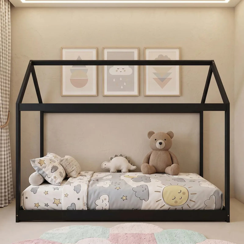 HOMCOM Single Bed Frame, House-Scandinavian-Style Wooden Bed Frame for 90W x 190D cm Mattress, Black