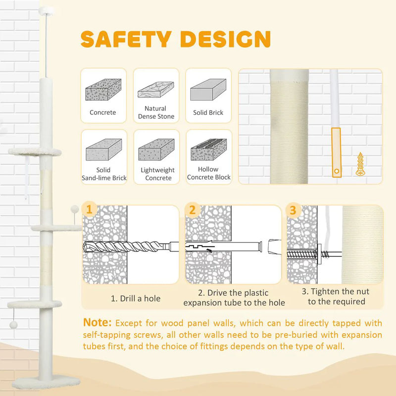 PawHut 225-255 cm Adjustable Cat Climbing Tower with Sisal Scratching Posts, 2 Hanging Play Balls and Anti-Tip Strap, Beige