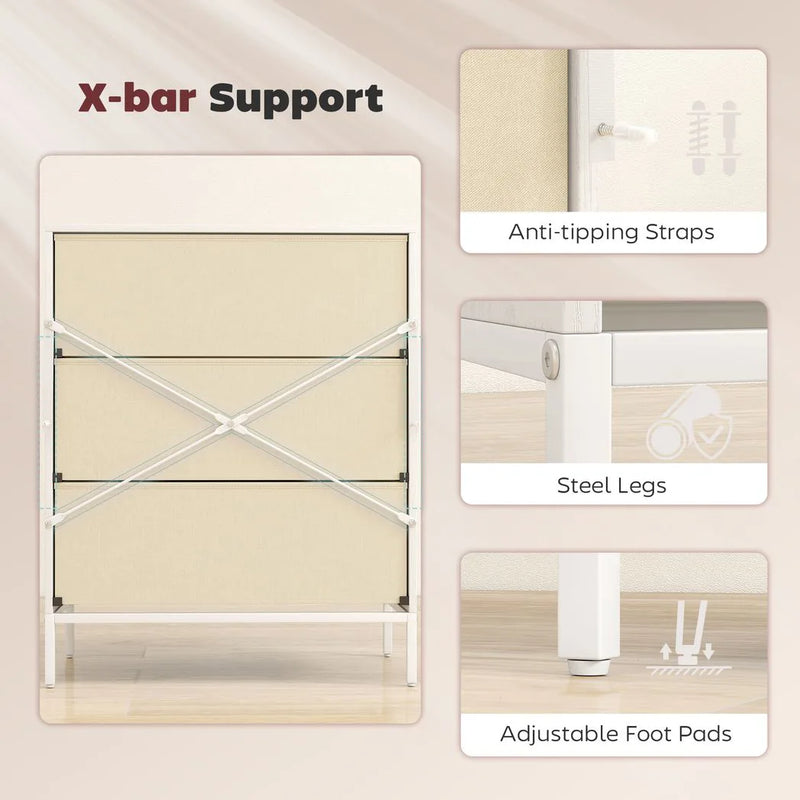 HOMCOM Chest of Drawers, Dresser with 3 Fabric Drawers and Aluminium Handles - White