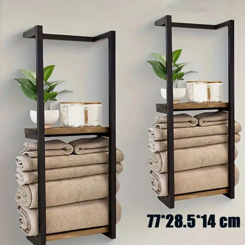 Wall Mounted Towel Rack Metal Storage Shelf Holder Rail-Bathroom Organizer Black