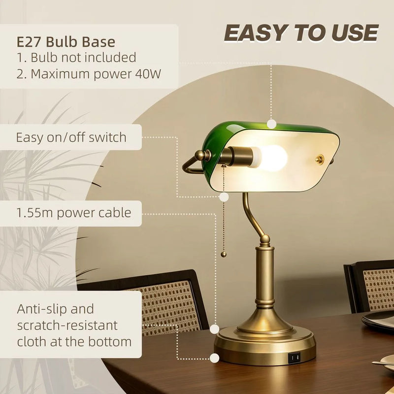HOMCOM Desk Lamp with USB Ports, Banker's Table Lamp Desk Lamp with Vintage Bronze Tone Base and Pull Rope Switch, Green