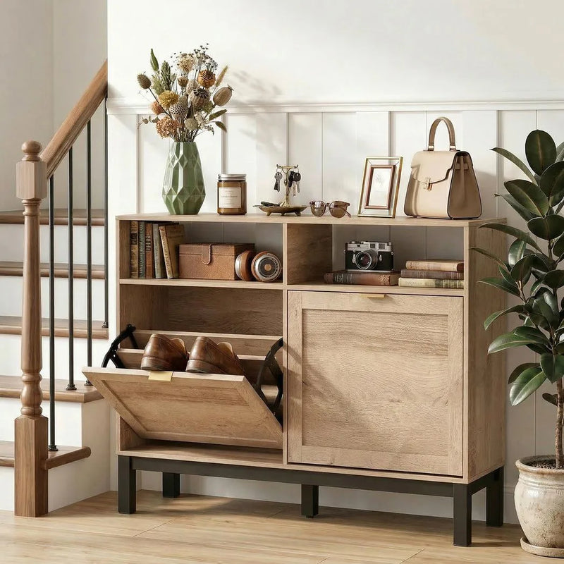 HOMCOM Shoe Cabinet with 2 Flip Drawers, Narrow Shoe Storage Top for Entryway Hallway, Walnut Brown
