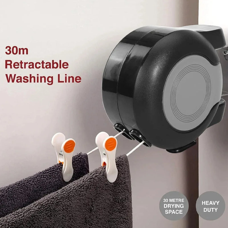 30m Retractable Clothes Reel Double Washing Line Wall Mounted Outdoor Drying Hot