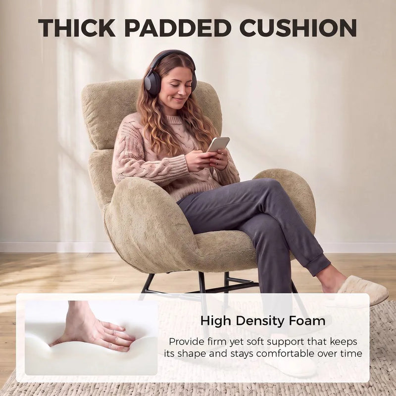 HOMCOM Upholstered Rocking Chair Adjustable Headrest Rocker Chair Raindrop Velvet Rubberwood Base Light Brown