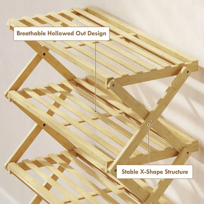 HOMCOM Four-Tier Folding Bamboo Shoe Rack - Natural Finish