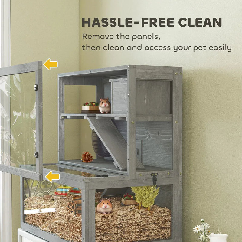 PawHut Wooden Hamster Cage with Hut, Wheel, Ramps, Removable Viewing Panels, 80 x 50 x 84 cm, Grey