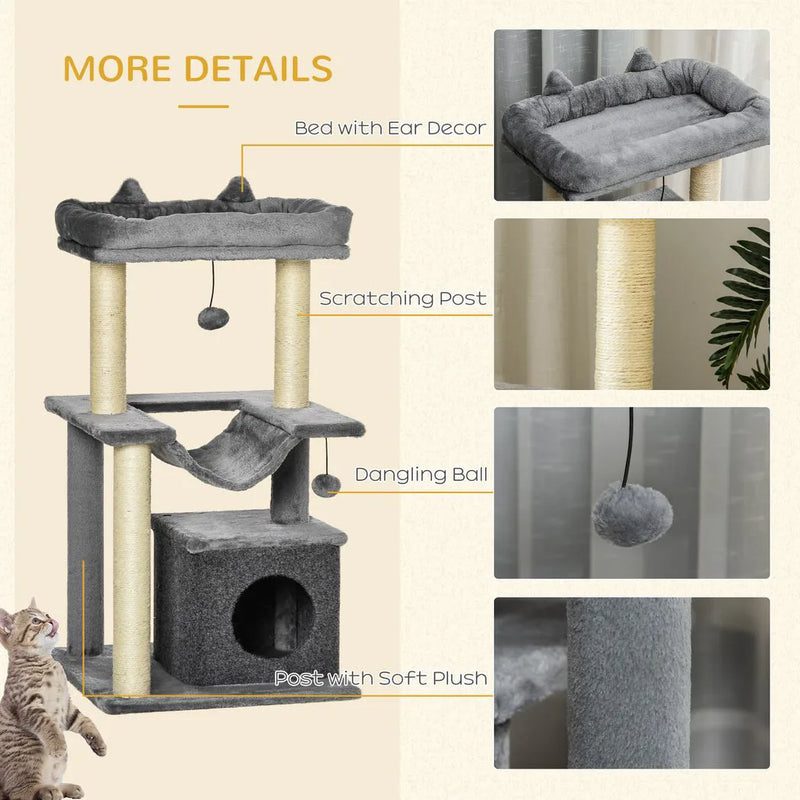 PawHut Cat Tree, 90cm Cat Tower with Sisal Scratching Posts, Cat Condo, Hammock, Top Perch and 2 Hanging Toys for Cats, Grey