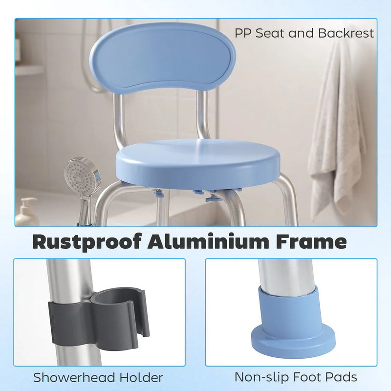 HOMCOM 360° Swivel Shower Stool with Aluminium Frame, 5-Level Adjustable Height, Backrest, Non-Slip Shower Chair for Elderly