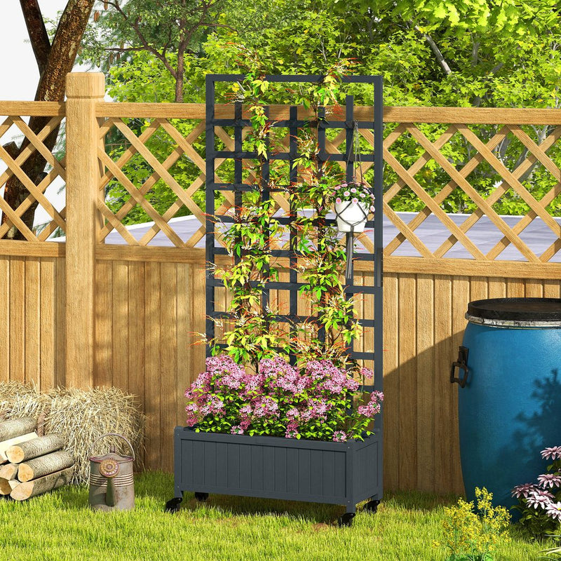Outsunny Wooden Trellis Planter, Raised Garden Bed with Wheels, to Climb and Grow Vegetables, Herbs and Flowers, Grey