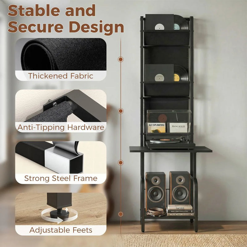 HOMCOM Vinyl Record Player Stand Record Storage with Player Stand Oxford Fabric Pockets Bottom Shelf, Black