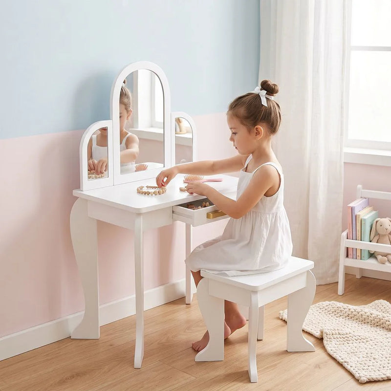 HOMCOM Kids Dressing Table Set, with Mirror and Drawer - White