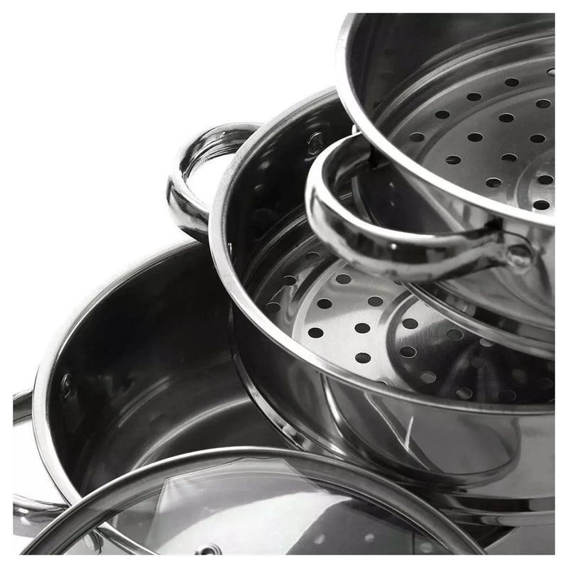 LARGE 28cm 3 Tier Stainless Steel Steam Cooker Steamer Pan Cook Food Veg Pot lid