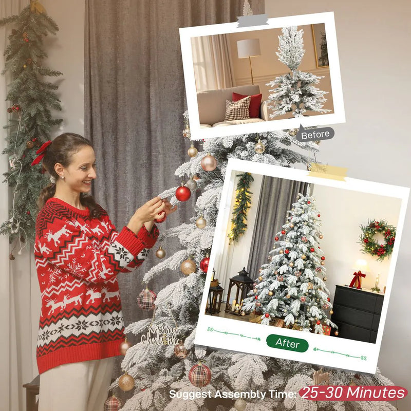 HOMCOM 7ft Super Flocked Christmas Tree - Green/White