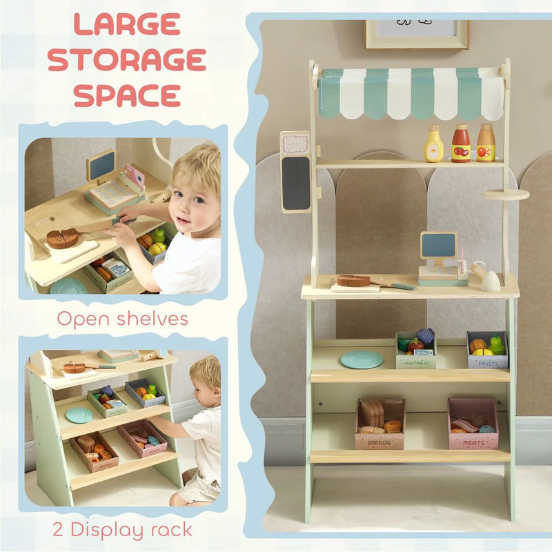 AIYAPLAY Wooden Toy Shop, Wooden Market Stall with Cash Register, Blackboard and Toy Food, 4 Storage Boxes, Ages 3, Green