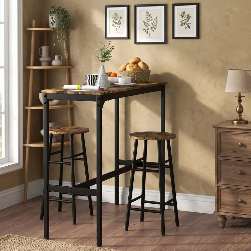 HOMCOM 3 Piece Bar Table Set with 2 Stools, Industrial Bar Table and Stool Set, Dining Table and Chair Set, Rustic Brown