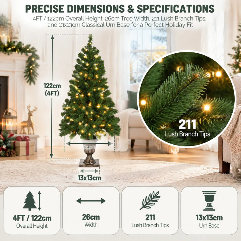 4 FT Pre-lit Artificial Christmas Tree with Trophy Shaped Base, Potted Xmas Tree with 120 Warm Lights, 211 Branch Tips and Remote Control for Holiday Party Office Home, Green