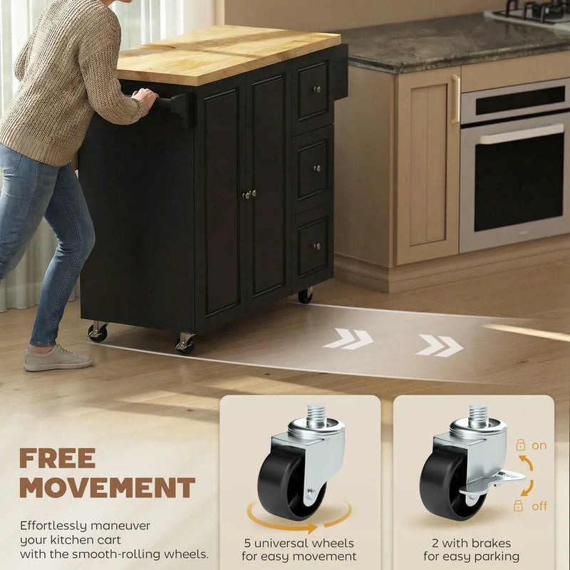 HOMCOM Kitchen Island on Wheels, Rolling Kitchen Storage Trolley with Drop Leaf, Drawers, Towel and Spice Rack, Black