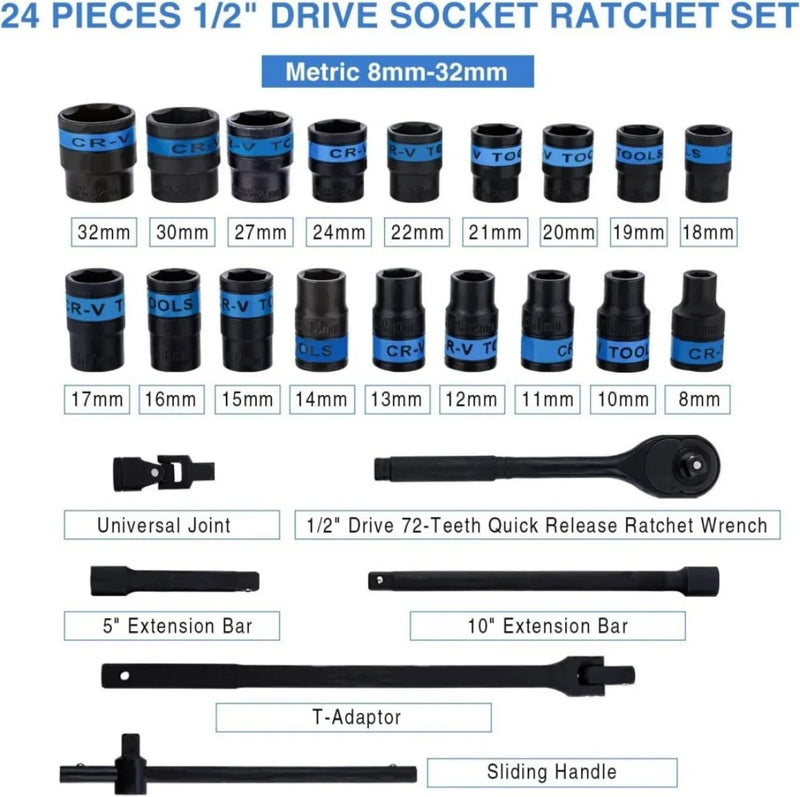 Heavy Duty 1/2" Ratchet Wrench 8-32mm Metric Socket Set Metal Case Socket Set UK