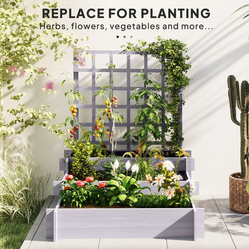 Outsunny 3 Tier Garden Planters with Trellis for Vine Climbing, Wooden Raised Beds, 95x95x110cm, Grey