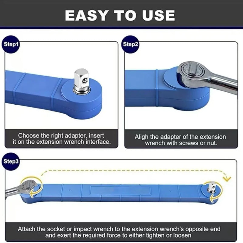 15.4-inch offset extended wrench—a versatile extended wrench set for confined spaces, featuring 1/2-inch, 1/4-inch, and 3/8-inch drive adapters-blue