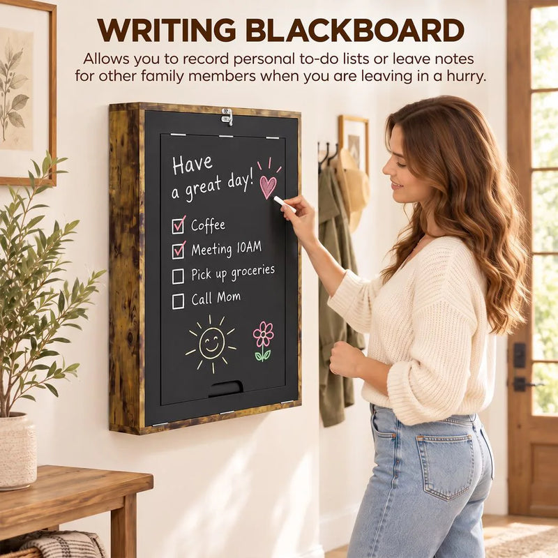 HOMCOM Folding Wall-Mounted Drop-Leaf Table, Convertible Wall Table With Chalkboard and Storage Shelf, Rustic Brown