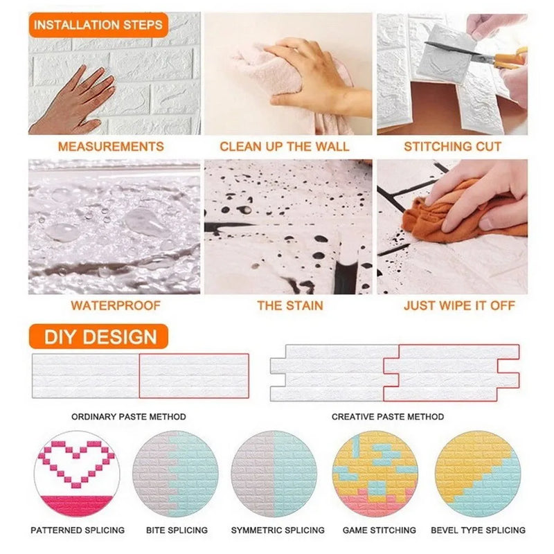 60PCS 3D Tile Brick Wall Sticker Self-adhesive Waterproof Foam Panel Wallpaper-white 30PCS