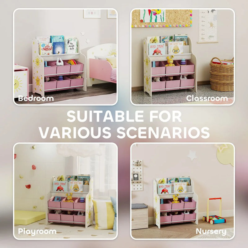AIYAPLAY Kids Storage Unit, Toy Organiser with 6 Fabric Drawers and 2-Tier Sling Book Rack for Bedroom, Playroom, Nursery, Pink