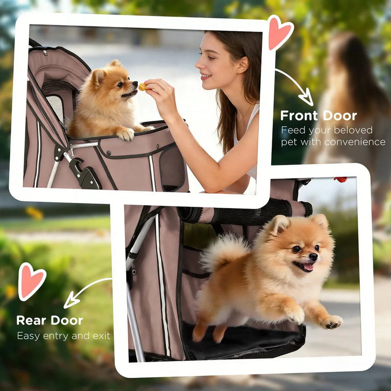 PawHut Dog Pram, Pet Stroller with Reflective Strips, Foldable Cat Stroller with 360° Swivel Wheels, Brown
