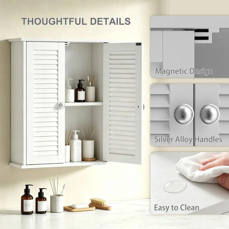 HOMCOM Bathroom Cabinet, Bathroom Wall Cabinet with Louvered Doors and Adjustable Shelf Storage for Kitchen, White