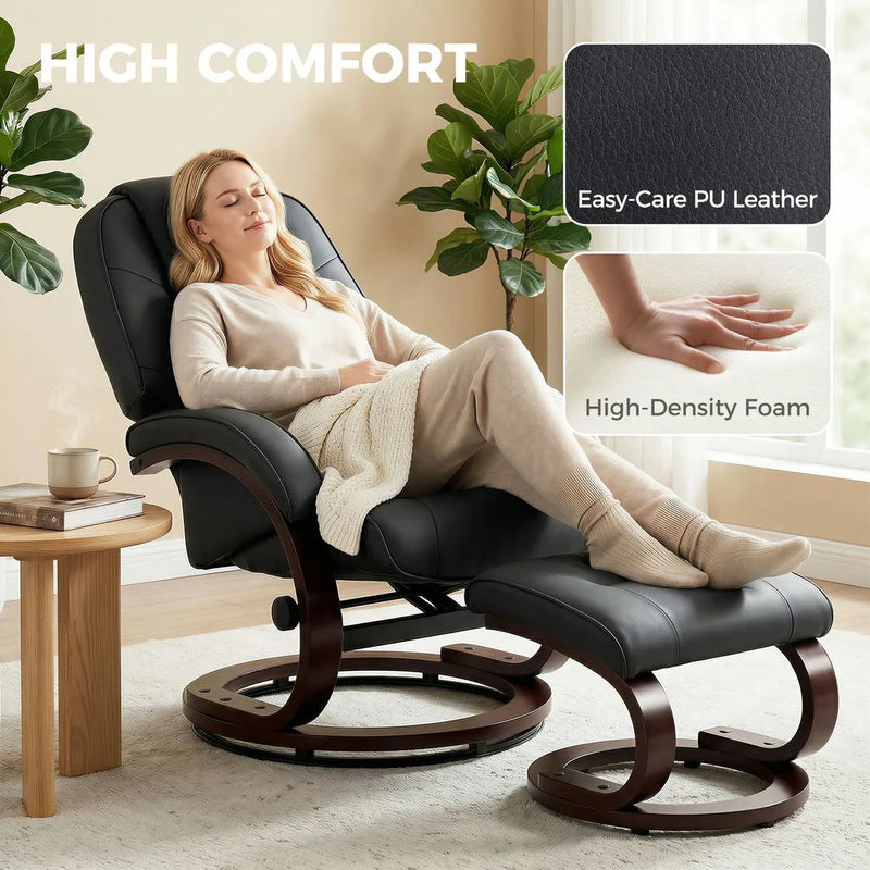 HOMCOM Swivel Recliner Chair with Footstool, PU Leather Recliner Armchair with Adjustable Back and Wood Frame, Black