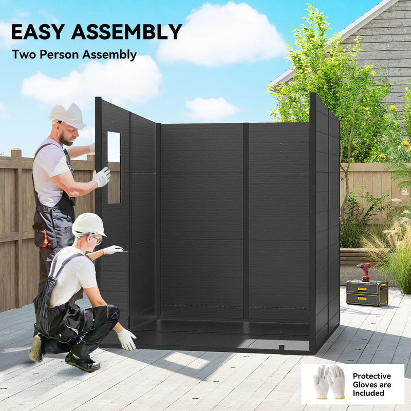 Outsunny 6 x 6 ft Plastic Garden Shed, Wood-Effect Outdoor Storage Shed with Floor, Windows, Lockable Doors and Vents, Dark Grey