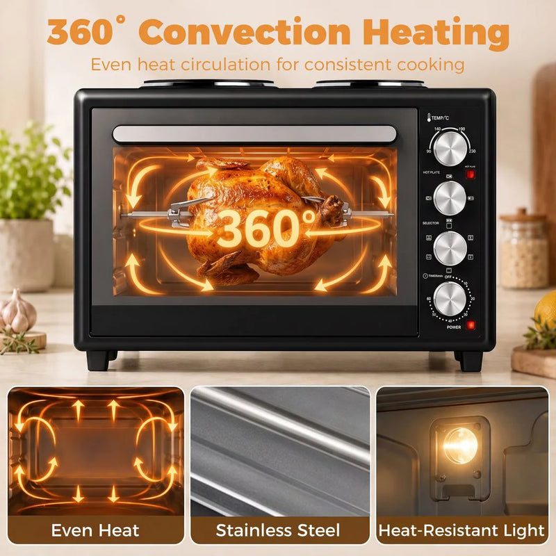HOMCOM 46L Mini Oven with Dual Hot Plates, Electric Countertop Cooker with Convection, 90?230°C Adjustable Temperature