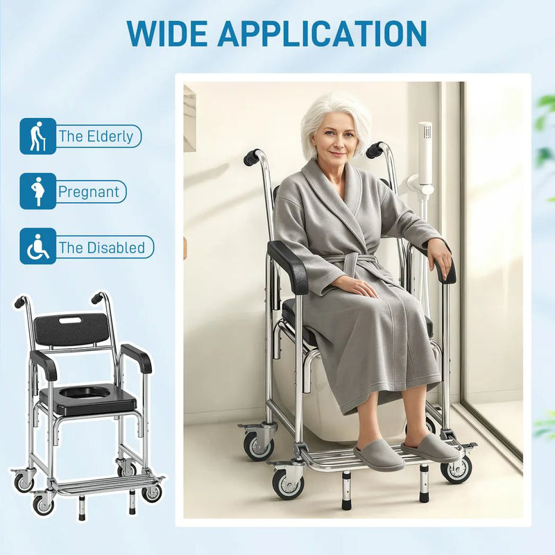 HOMCOM Transport Beside Shower Chair, 3-in-1 Commode Chair with Wheels and Padded Seat, Black
