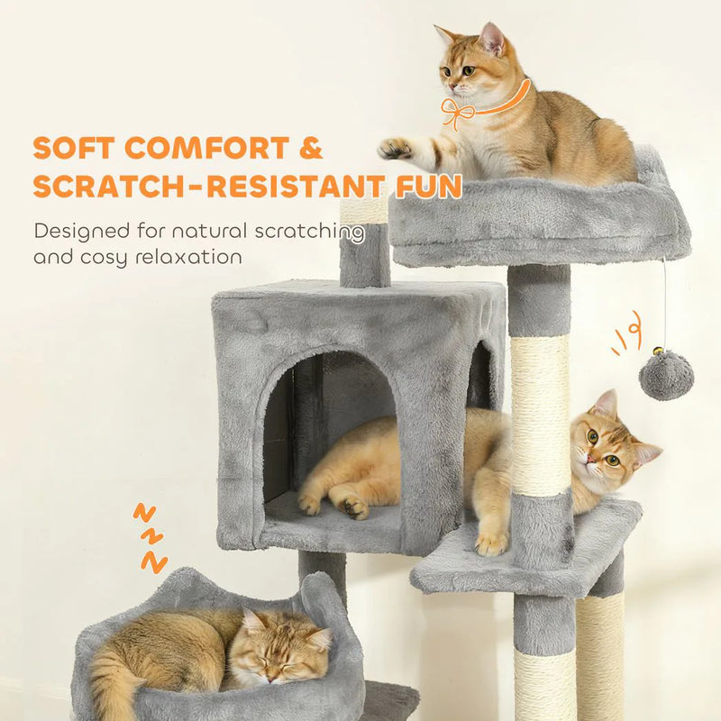 PawHut Cat Tree, 192 cm Large Multi-Level Cat Tower for Indoor Kittens with 8 Scratching Posts, 3 Plush Beds, 2 Hammocks