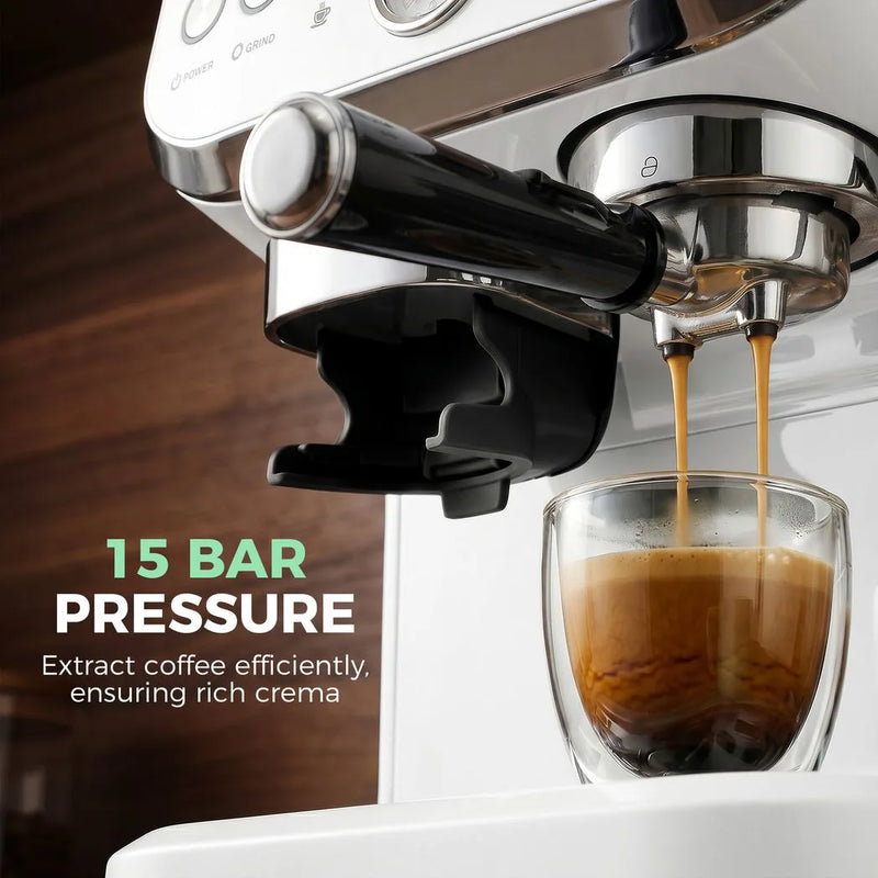HOMCOM 15 Bar Coffee Machine, with Adjustable Grind, Steamer and Accessories - White