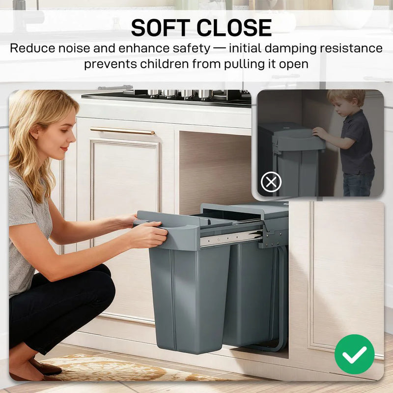 HOMCOM 2 Removable Recycling, ContaineUnder-Sink Kitchen Trash Bin, Smooth Slide, Handle, Diamond Pattern Lid, Grey