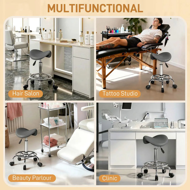 HOMCOM Salon Saddle Stool, Rolling Saddle Chair for Massage, Spa, Clinic, Beauty, Hairdressing and Tattoo, Grey
