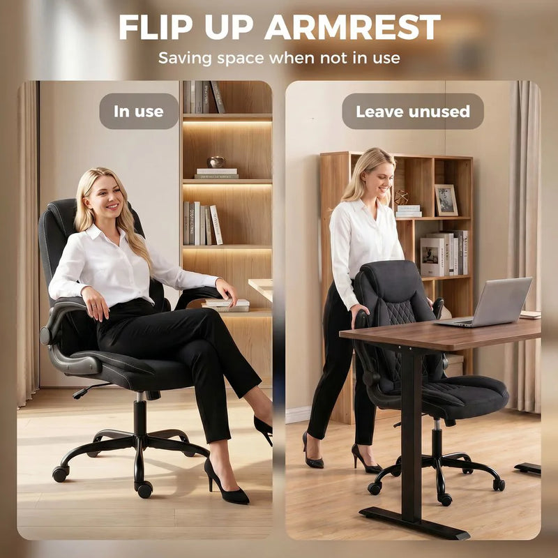 HOMCOM Linen-Look Computer Desk Chair, Executive Office Chair with Flip-Up Armrests and Thick Cushion, Black
